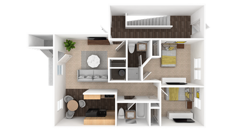 Floor plan for 2 beds, 2 baths, 1070 sqft